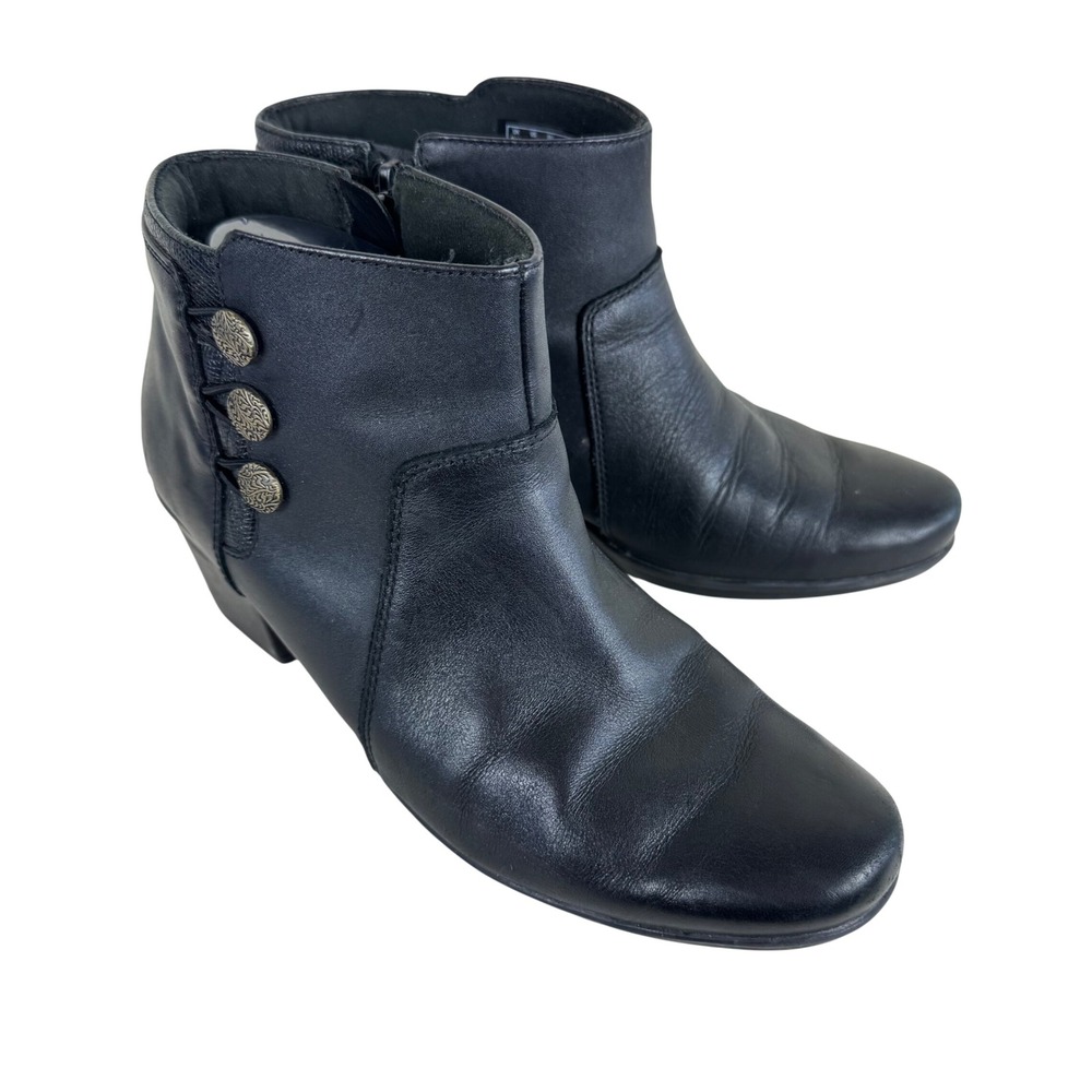Clarks Womens Black Leather Emsie Monet Ankle Boots Block Heel Button Detail 9